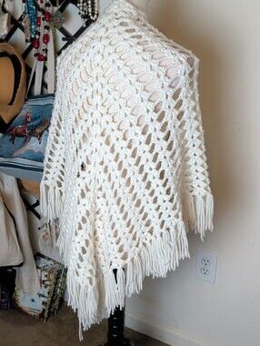 Vintage Handmade Crochet Fringe Shawl Cottagecore Prairie Festival Wrap